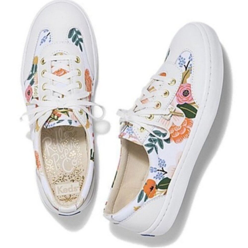 Keds x Rifle Paper Co Tournament Sneaker Lively Floral Fabric White Leather 8.5
